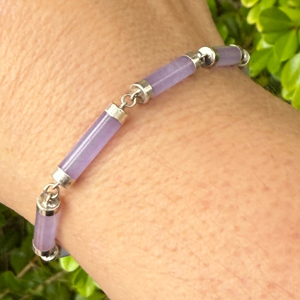 Solid Sterling Silver Lavender Jade Bangle Bracel… - image 1